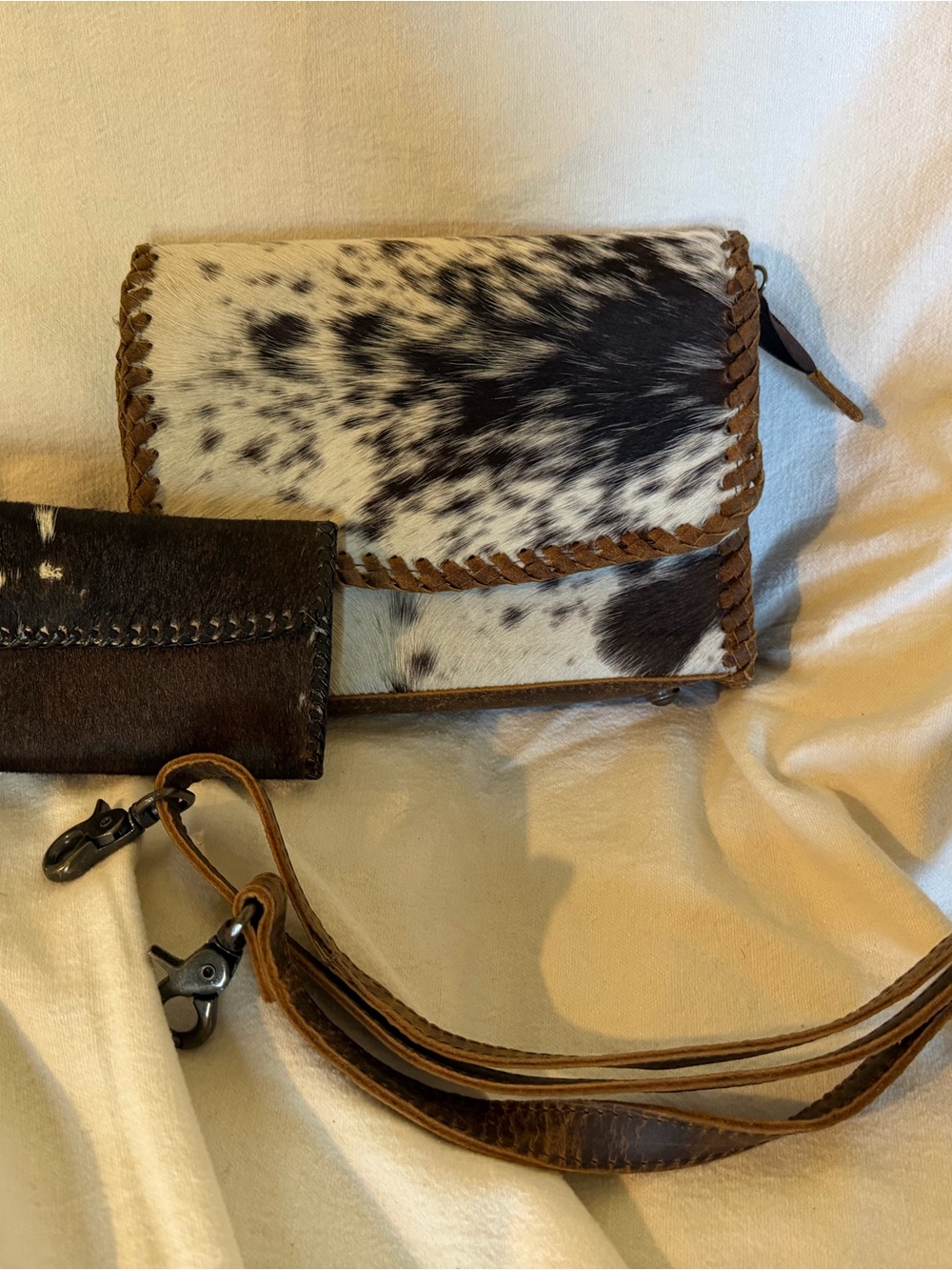 Handcrafted Cowhide Crossbody Bag with Brown Leather Trim and matching wallet